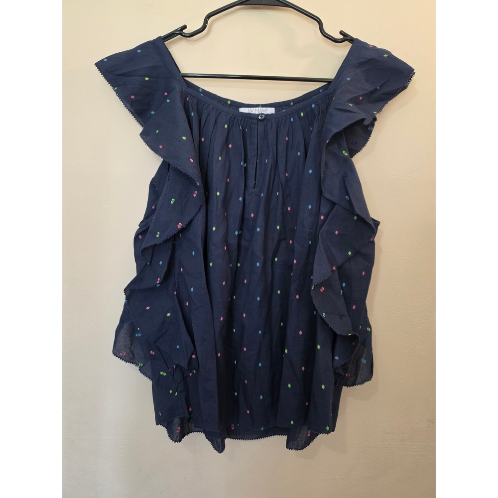 Whim New‎ York Navy Blue Ruffle Trim Embroidered Cotton Blouse Large Sleeveless